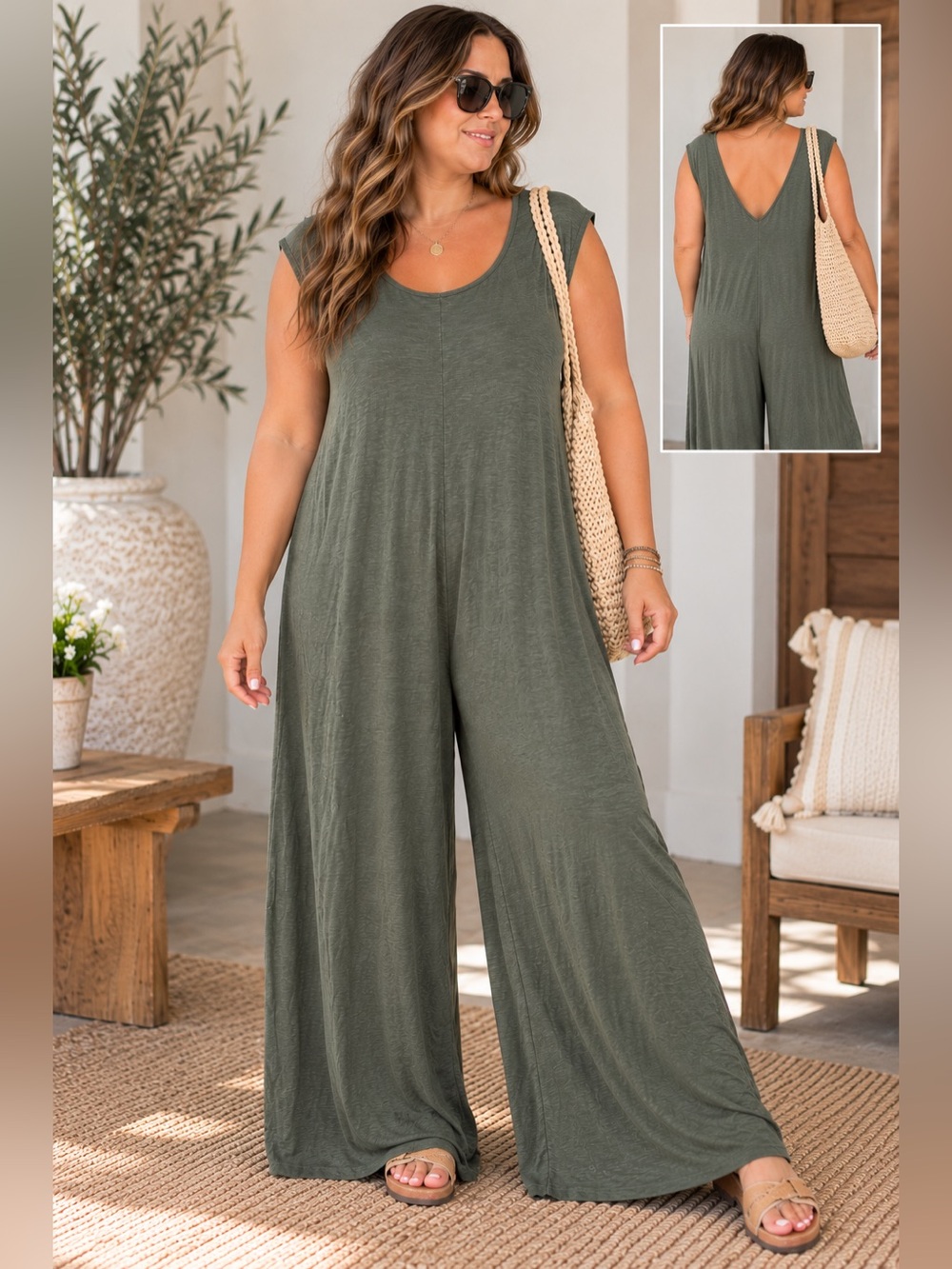 Natural Life Olive Green Wide Leg Jumpsuit L/XL Reversible Neckline Boho